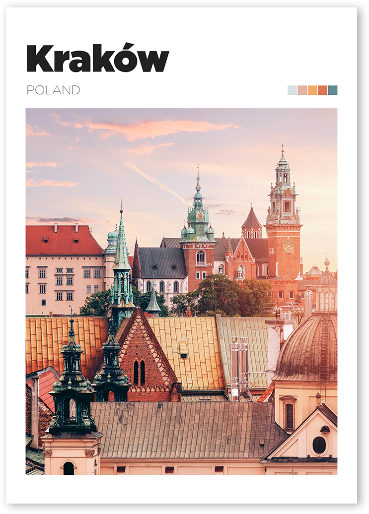 Travel print of Kraków, Poland cityscape with Wawel Castle in the background.