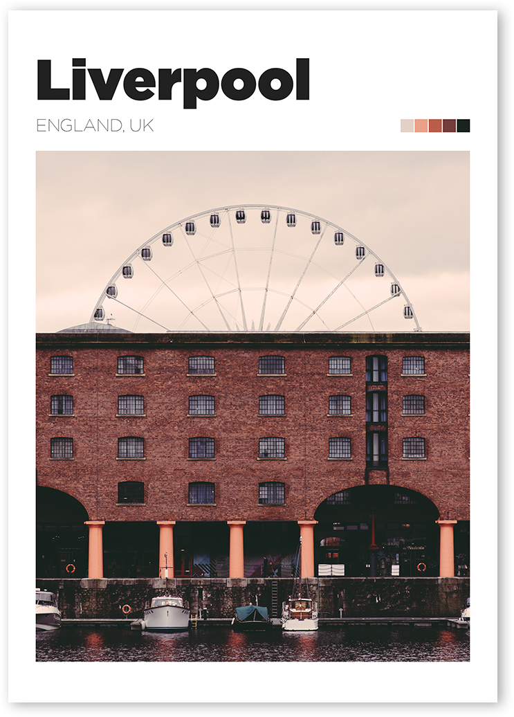 Photo print of Albert Dock, Liverpool. The wheel of Liverpool can be seen on top of the brick building.