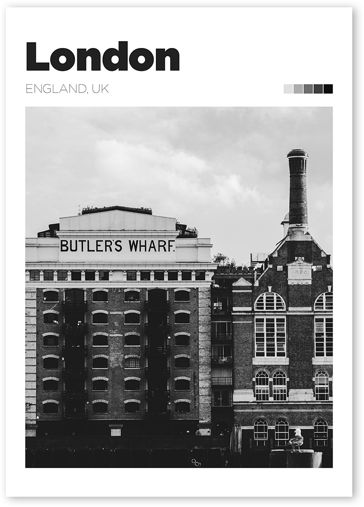 B&W photo of London's historic building Butler's Wharf on the south bank of River Thames.