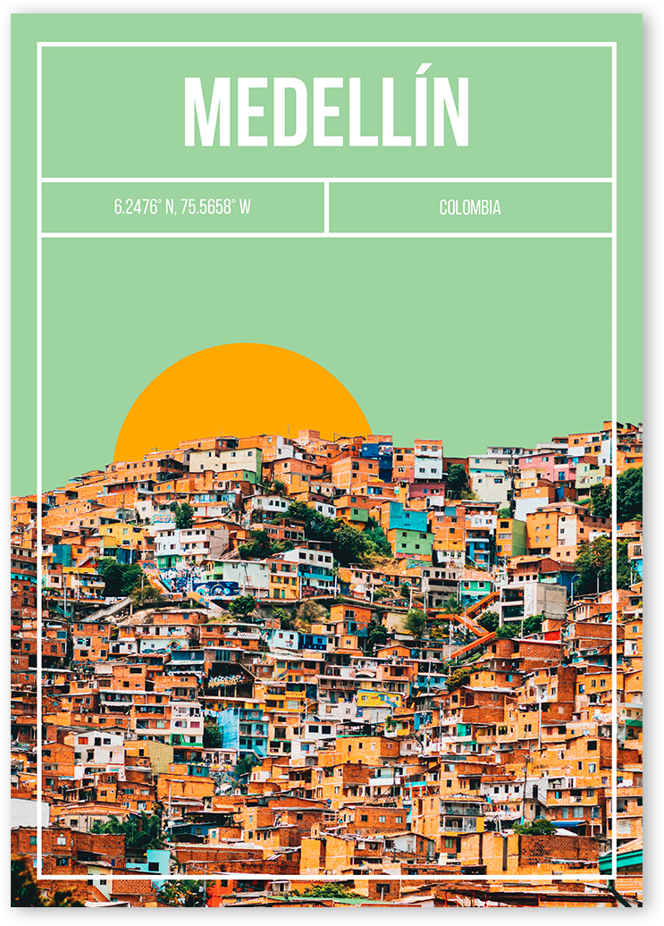 Digital art print of Medellín, Columbia, using photo cut-out of Medellin slum and illustrated sky with orange sunset.