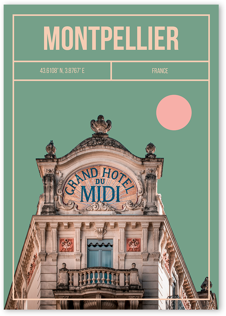 Digital Art print of Grand Hotel du Midi, Montpellier, France. Using soft pastel colours resembling Wes Anderson's style.