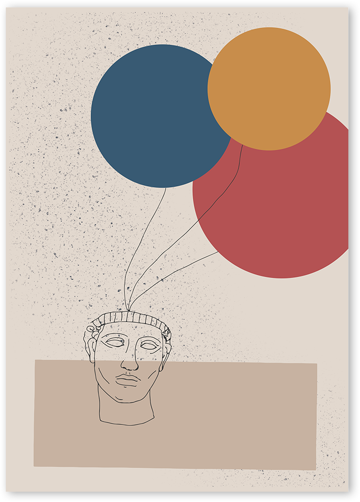 Line art drawing of an antique statue with red, blue and yellow balloons. All in retro colours with off-white background.