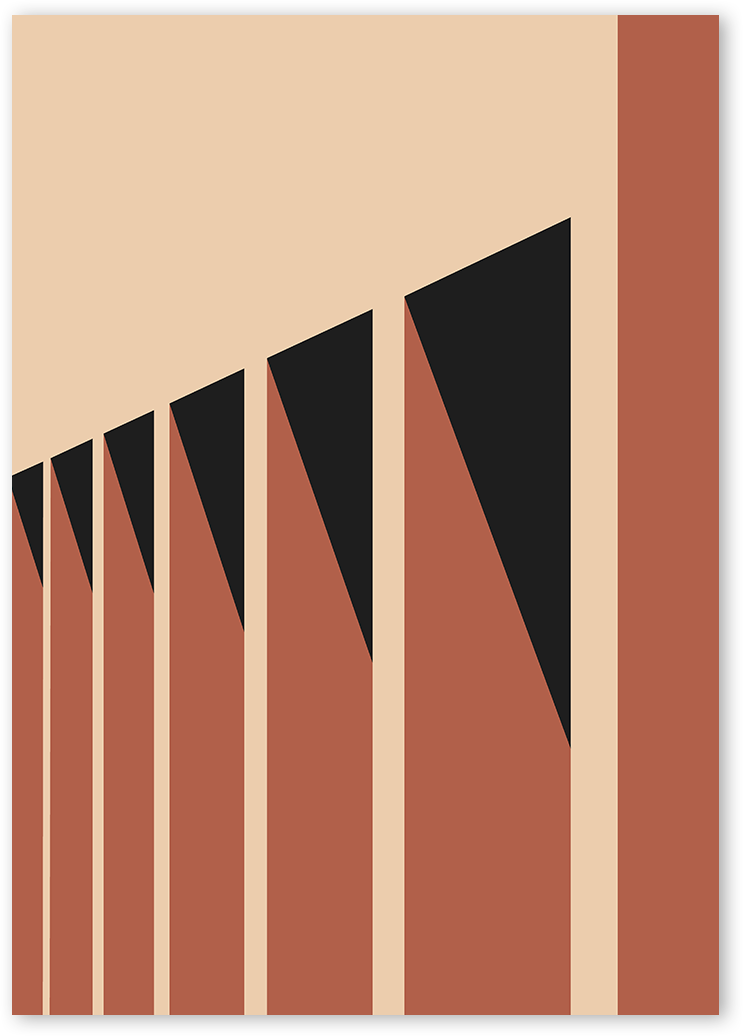Architectural poster design of a building using brick colour and beige, with shadows making a pattern of black triangle shapes 