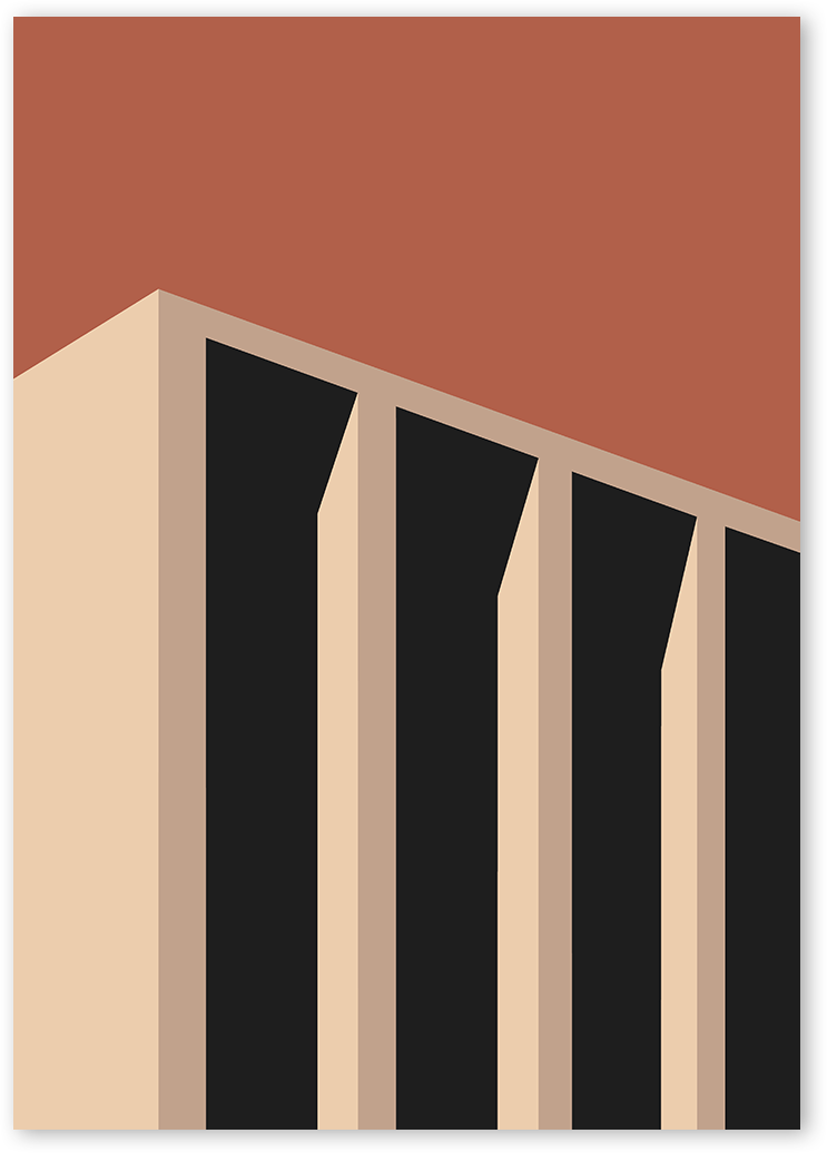 Bauhaus inspired poster in brick and beige showing a architectural structure with coloumns and shadows.