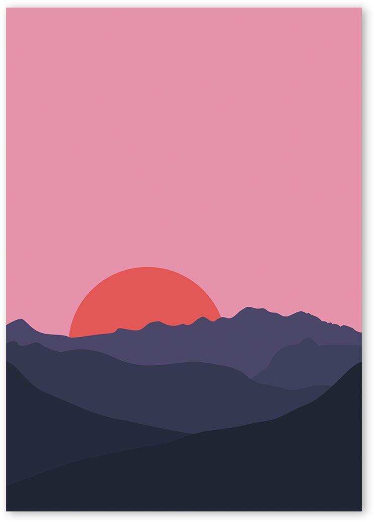 Illustration of a dramatic sunset over mountains. The mountains are silhouetted. The sky is pink, the sun is orange and the mountains are deep blue.