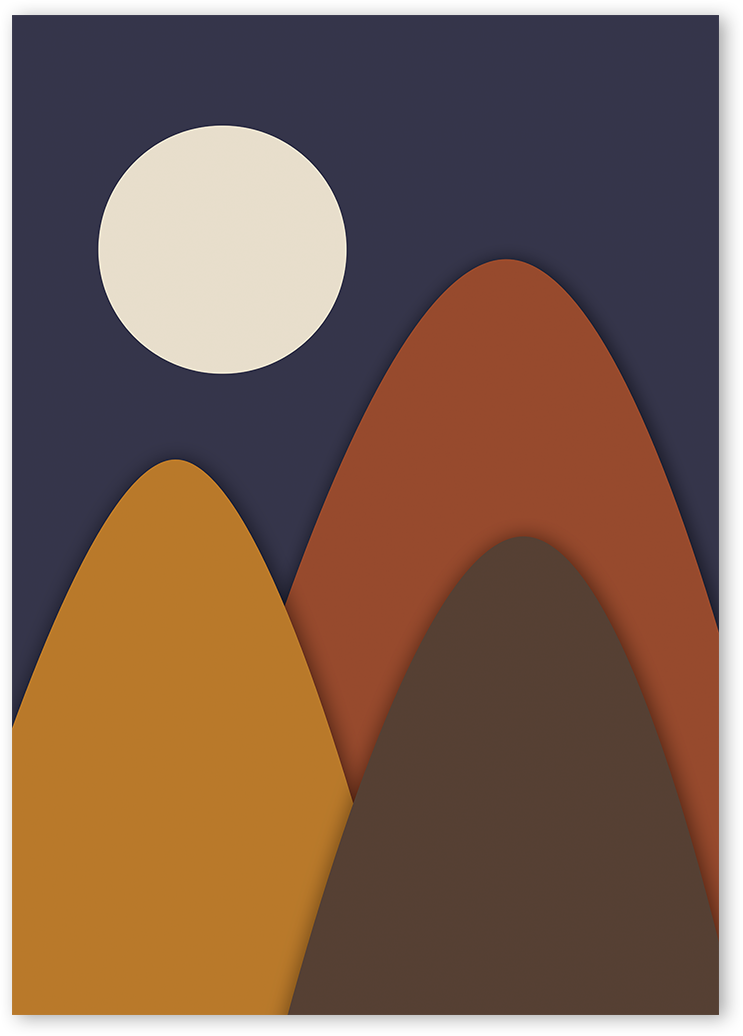 Abstract art of Follow The Moon art print. The print features mountains with a bright full moon in the sky. The mountains are rendered in shades of brown and have 3D effects in between. The background is navy. The print is part of 'Wilderness' collection of Mote Poster Studio.