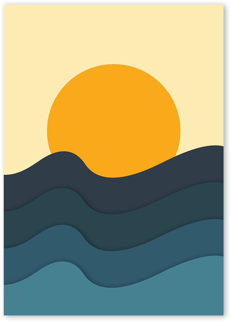 Poster of Follow The Sun art print. The print features a sunset over the ocean. The sun is a large, orange orb that is setting over the horizon. The sky is yellow. The ocean is a deep blue, and there is a 3D effect in between waves. The print is part of the Mote Poster Studio collection.