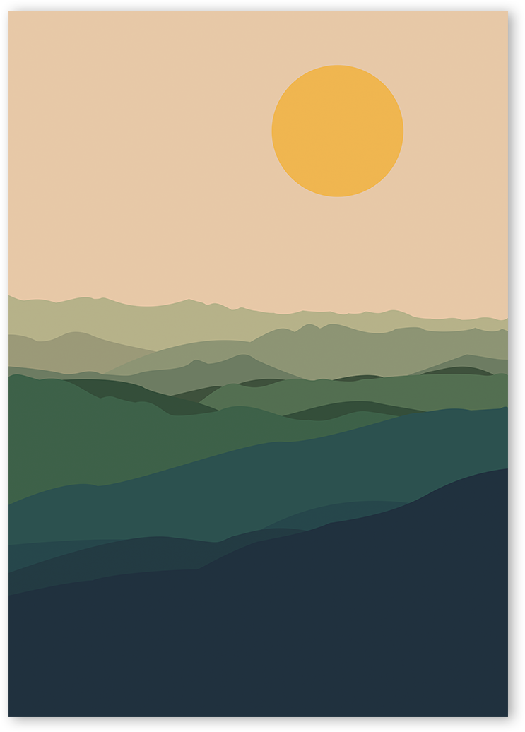Minimalist art print of a mountain range with a sunset in the background. The mountains are green and lush, and the sky is a blend of pink, orange, and yellow. The print is part of the Wilderness series of minimalist nature illustrations.