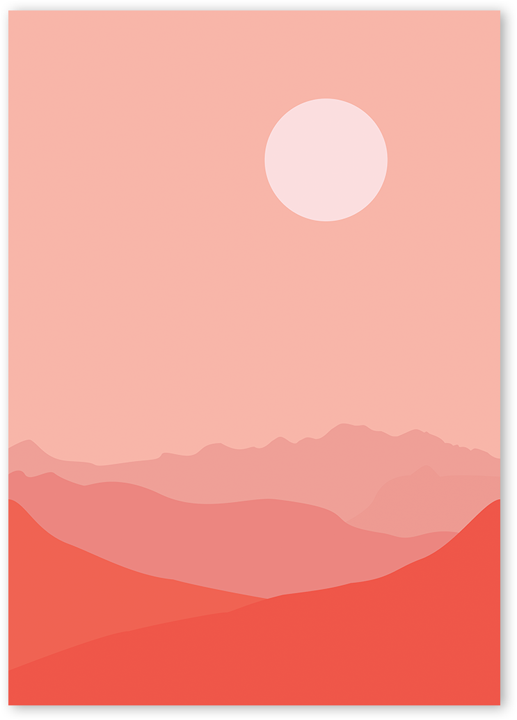 Wall art design of a red-pink landscape with mountains and the sun in the sky. The landscape feels warm, peaceful and energetic at the same time.