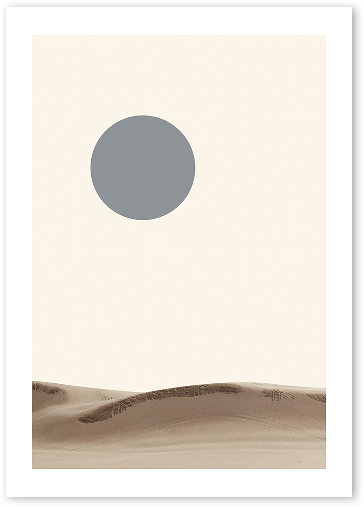 An art print of a desert landscape with a dark gray moon in the sky. The poster is part of the Wilderness collection by Mote Poster Studio.