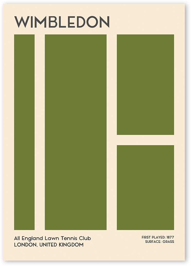 Geometric close-up wall art design of a tennis court, which uses the green colours of the Wimbledon's grass pitch surface and white lines.