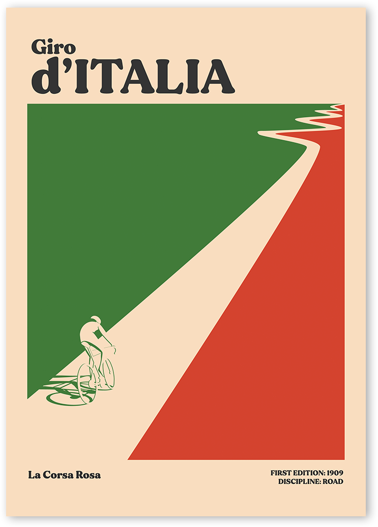 Retro Giro d'italia wall art features a cyclist riding a bicycle on a road which is formed by using negative space in between green and red colours with cream background.