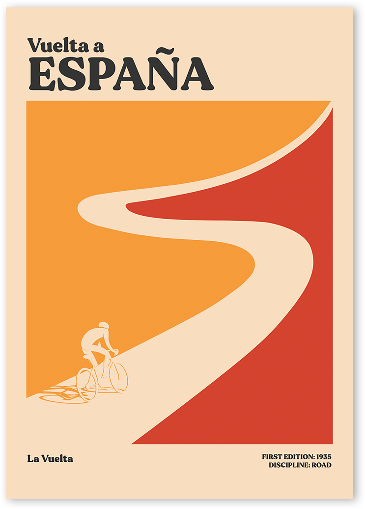 Retro Vuelta a Espana poster features a cyclist riding a bicycle on a winding road which is formed by using negative space in between yellow and red colours with cream background.
