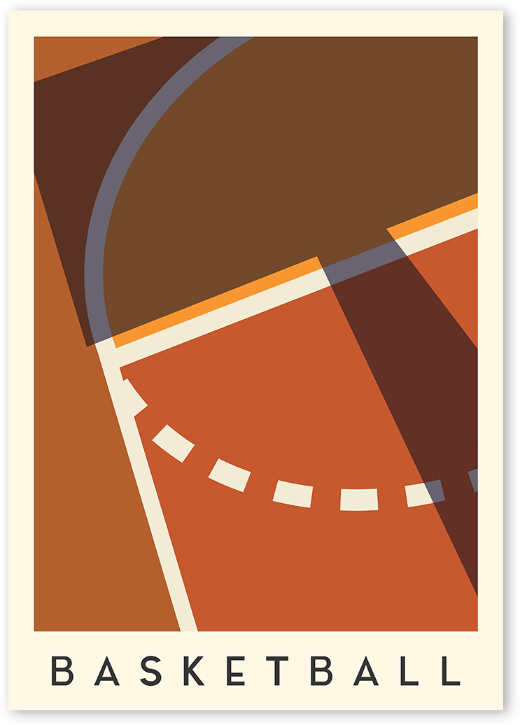 Minimalist poster showing an orange basketball court from above, a sharp shadow of the backboard gives the artwork an atmospheric feeling.