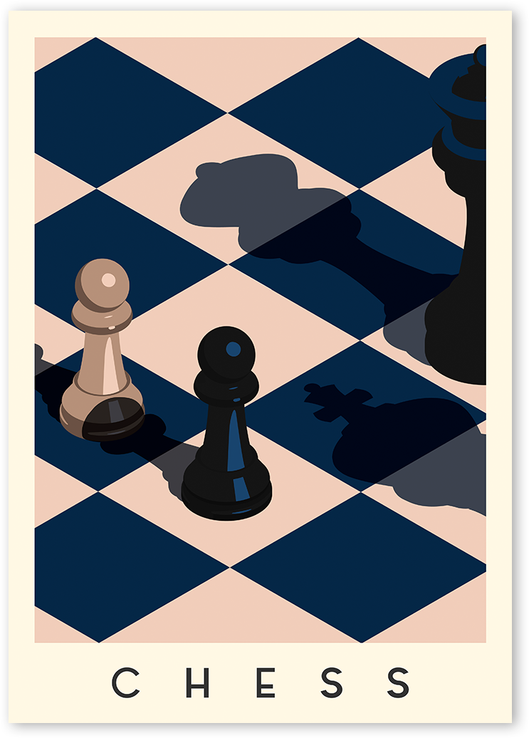 A close-up illustration of a pink and navy chess board showing two opponent pawns face to face and sharp shadows of Queen and King beside them.