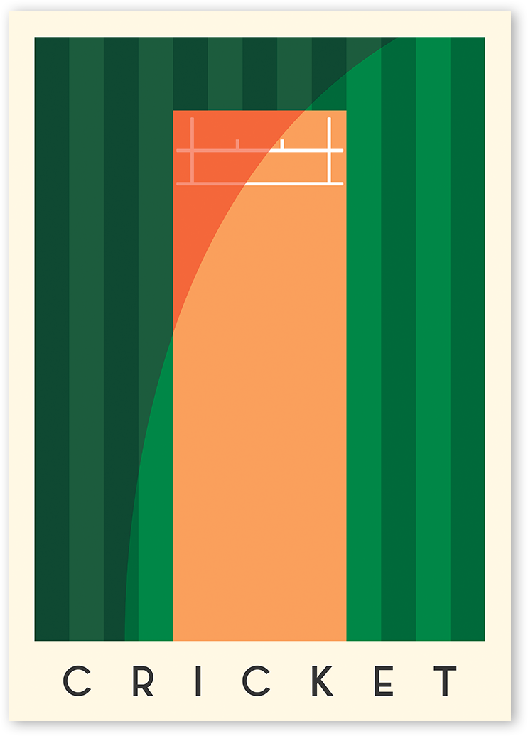 A minimalist geometric poster art design of an aerial cricket ground with orange pitch in the middle. 
