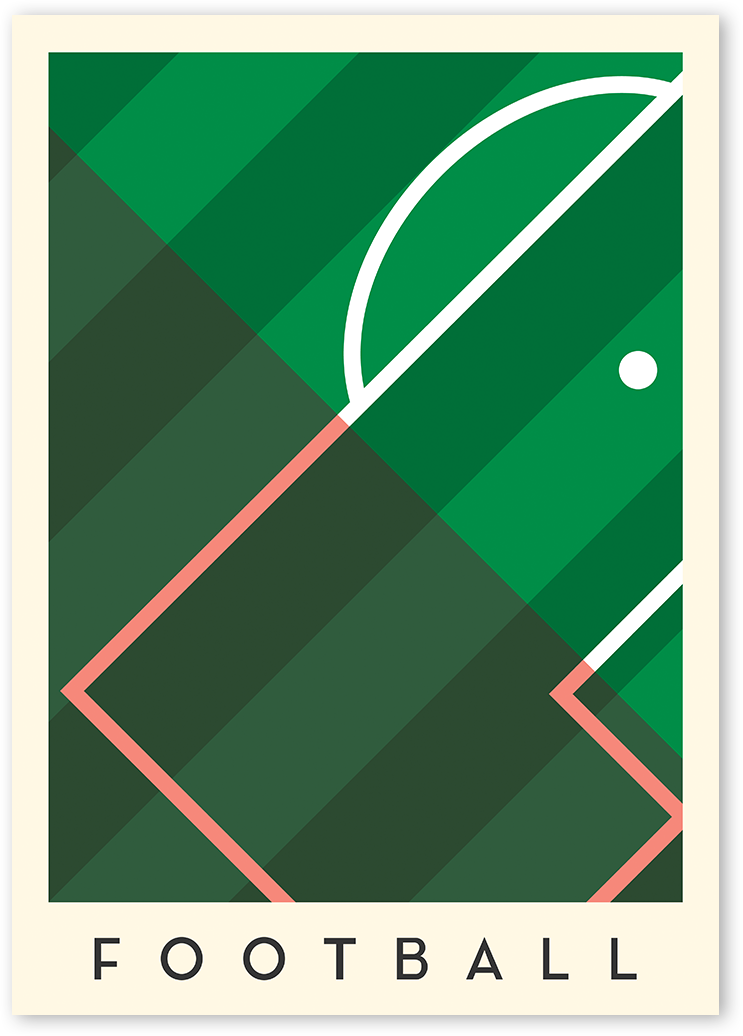 A minimalist art design of a football pitch from above, showing part of a penalty area. With an artistic shadow of the stadium on left part of the poster. 