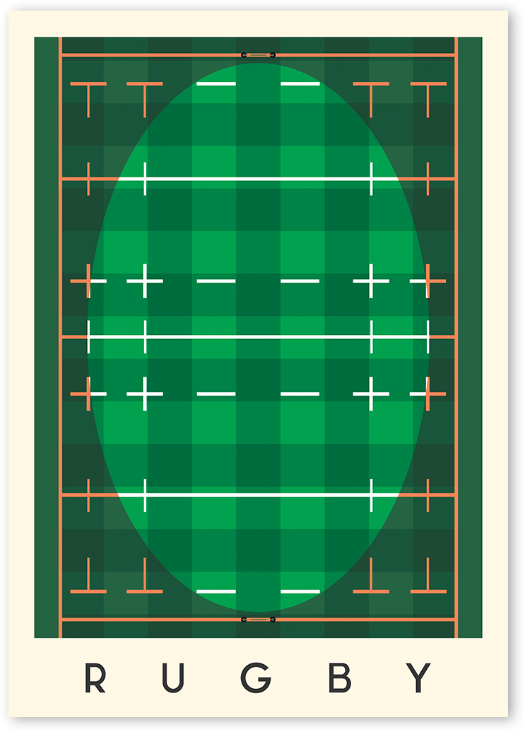 A geometric poster design of a rugby field from above. It has a main green colour with orange and white details. A hypothetical shadow of the stadium over the field leaves a rugby-ball-shaped area in the middle of the poster.