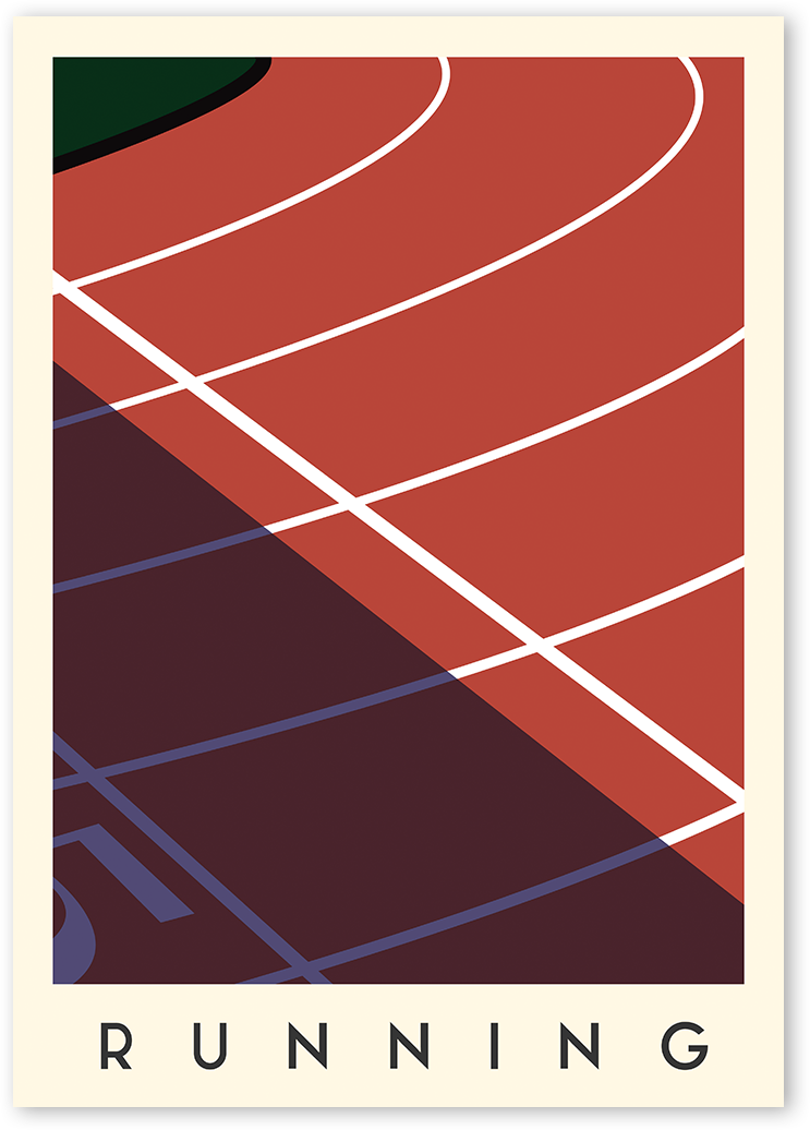 A minimalist poster design of a running track, showing the corner part of it with brick-red main colour and white lines.