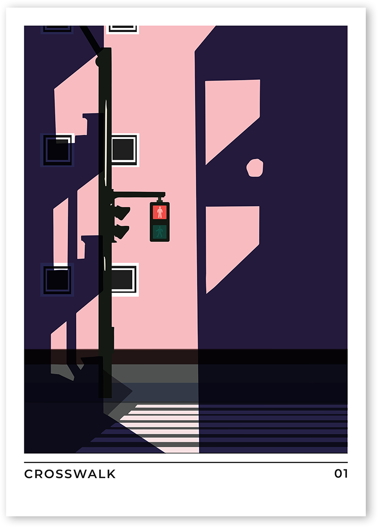 Pink-purple poster of a crosswalk with a traffic light. The crosswalk is marked with white stripes. The traffic light is red. Large shadows of buildings create darker parts on each side of the illustration.