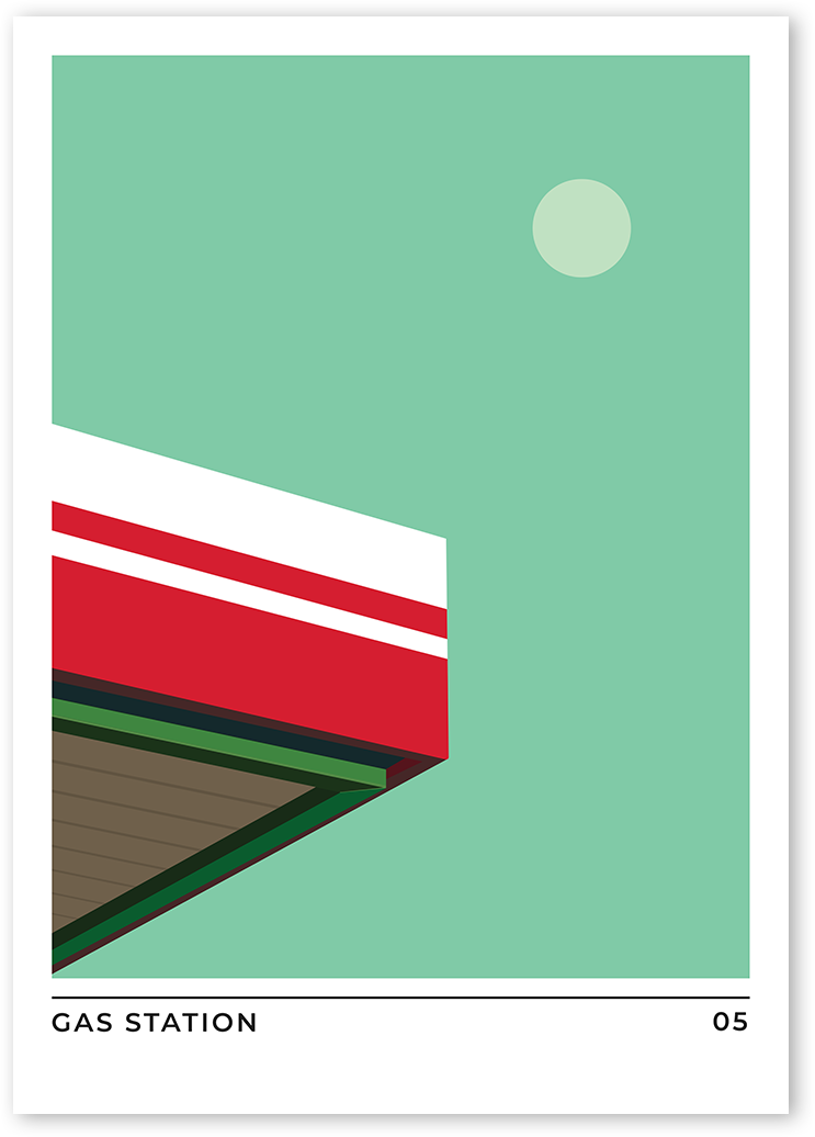 A stylized minimalistic flat illustration of the corner of a gas station's red roof under a mint blue-green sky with a full moon. 