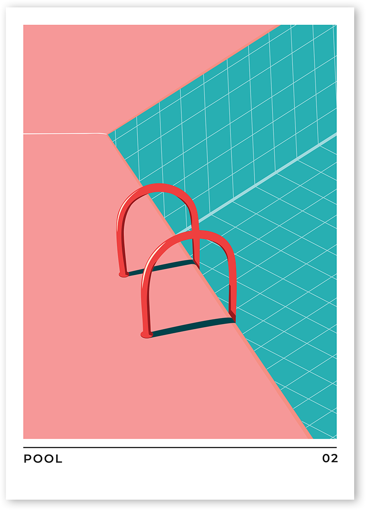Minimalistic flat illustration of a swimming pool with a red ladder. The floor is pink and the pool is turquoise blue.