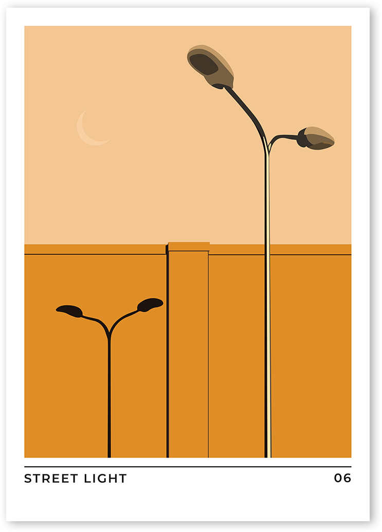Illustration of a street light with its strong shadow on a honey mustard wall with a crescent moon in the sunset sky above them.