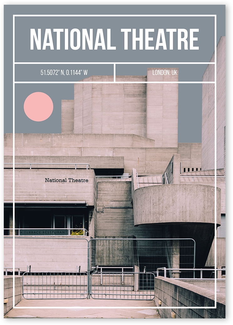 Contemporary poster of the National Theatre in London, showing the facade of brutalist architecture and a pink moon behind.