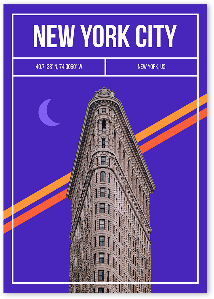 Modern digital art of the iconic Flatiron Building in New York City, created using real photo and digital tools and techniques