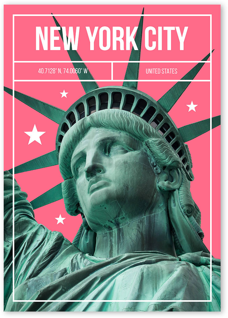Digitally created art print of New York City showing the Statue of Liberty on a pink background.