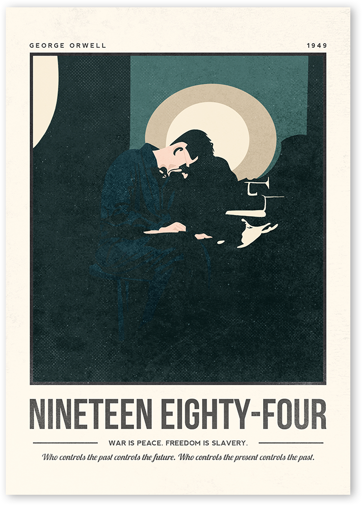A minimalist illustration of 1984 Novel depicting Winston in his room alone.