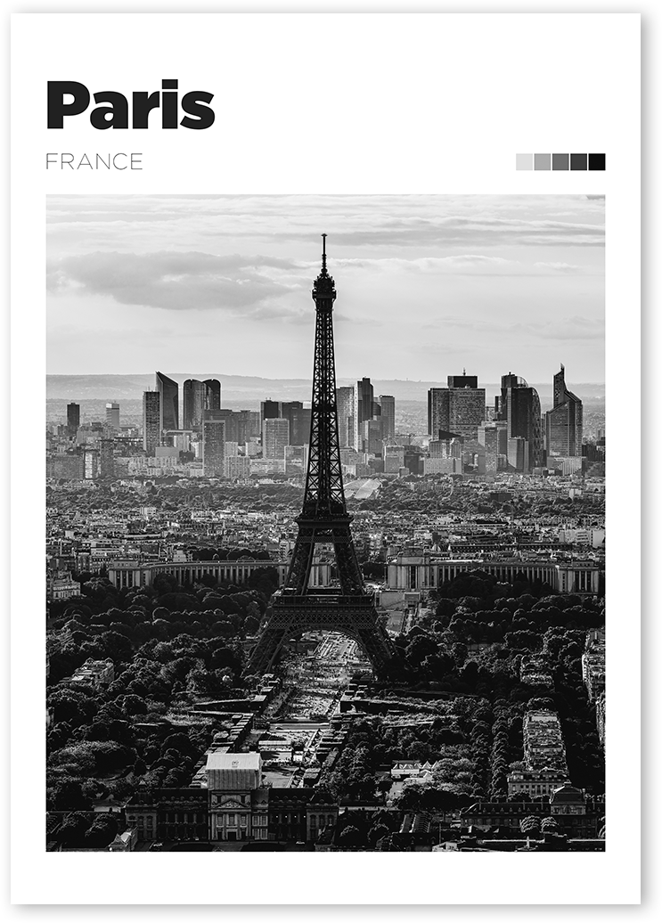 B&W photo print design of aerial view of Paris city with Eiffel Tower in the foreground.
