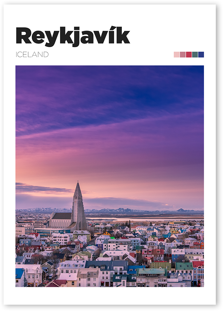 Travel photography of Reykjavík cityscape in blue purple tones.