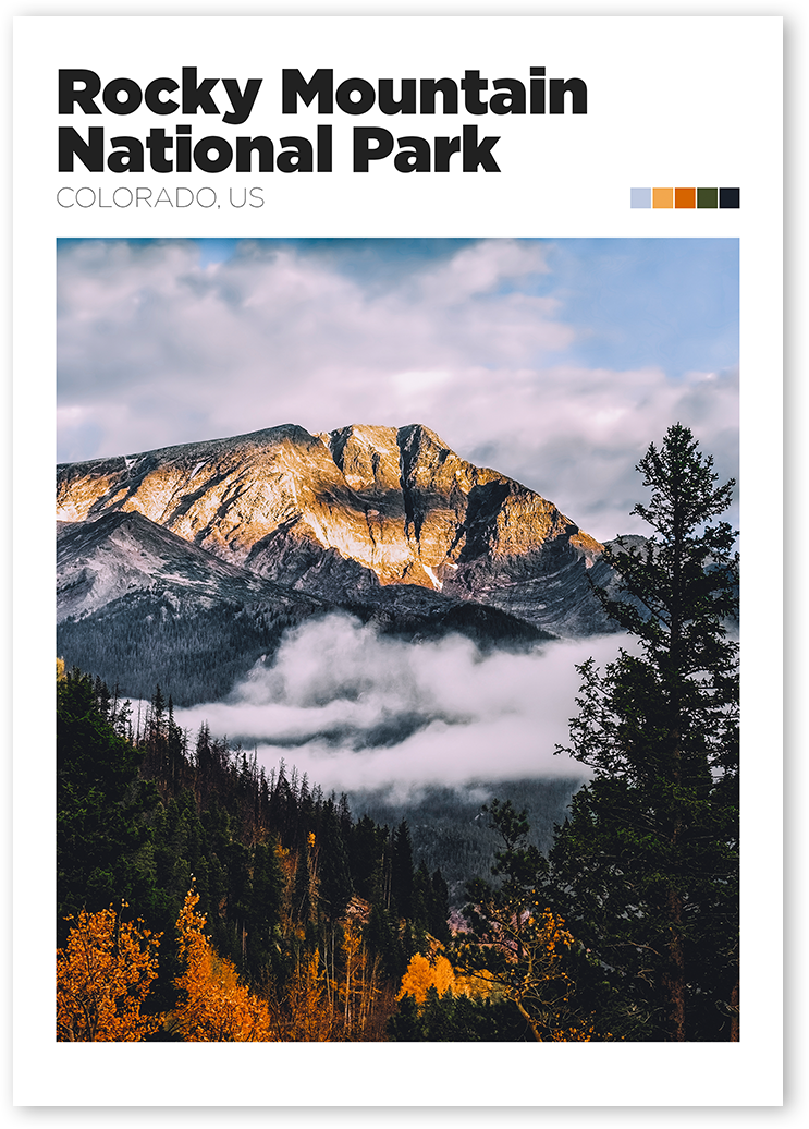 Travel poster with a stunning image of Rocky Mountain National Park, Colorado, United States