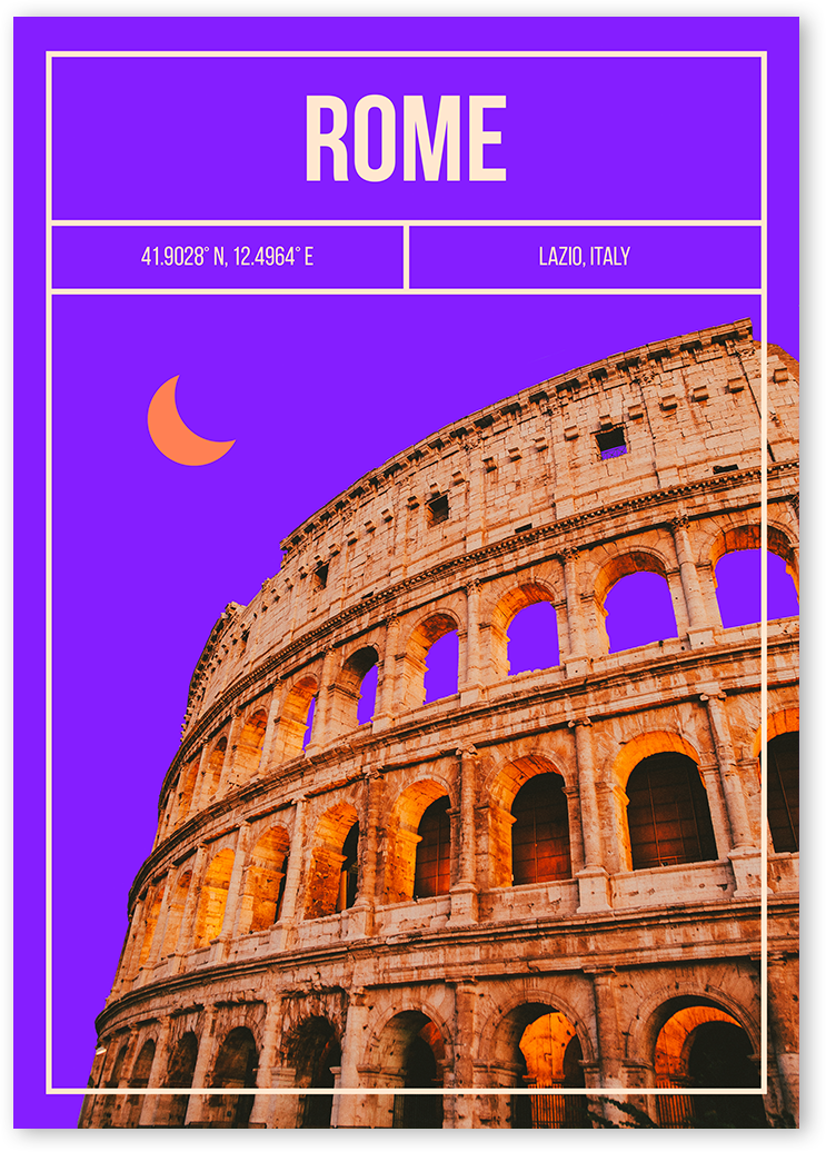 Unique poster of the Colosseum in Rome, created using a real photo of Colosseum. Purple sky and moon created digitally.