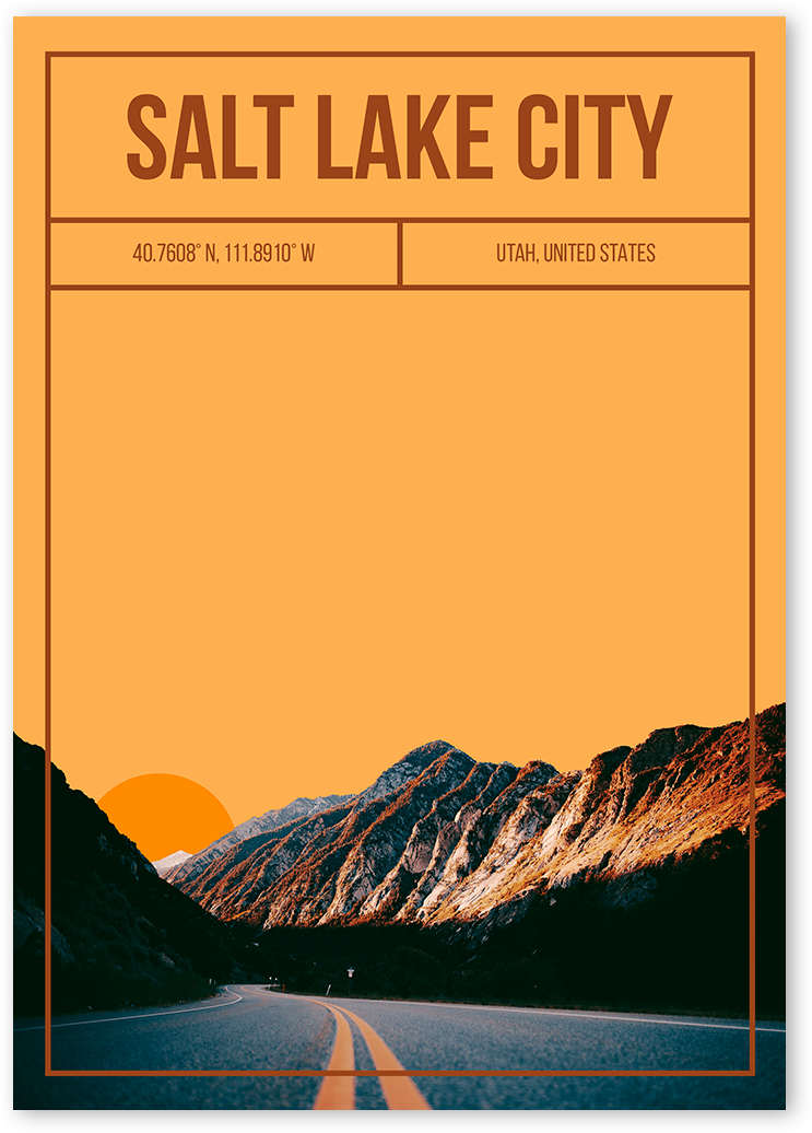 Art print of a road with mountains in the background at sunset in Salt Lake City, Utah, USA.