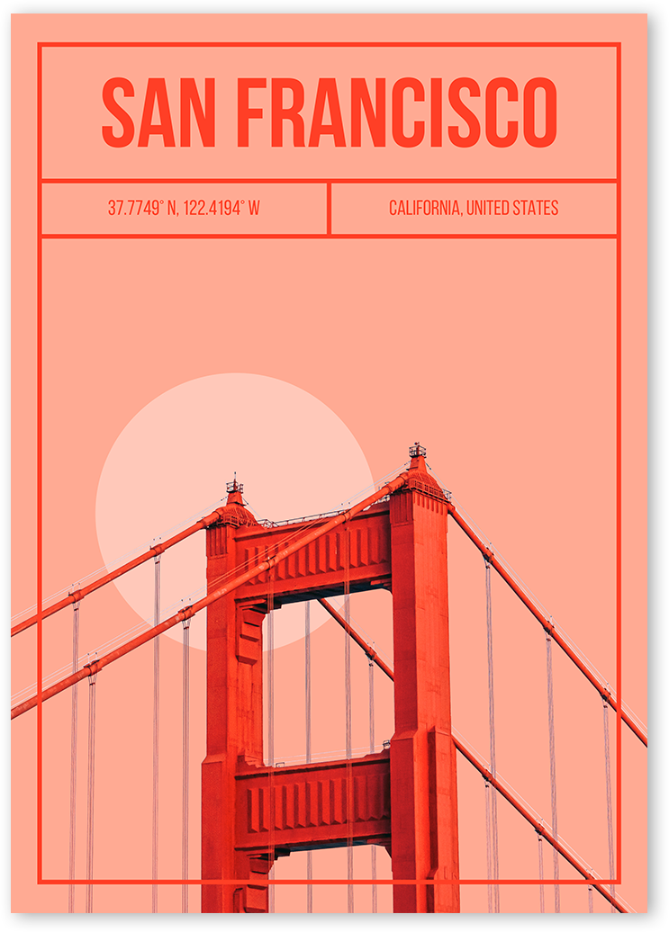 Modern art print of Golden Gate Bridge in San Francisco, with illustrated sun and pink sky in the background