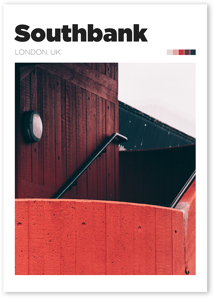 Travel print of concrete red staircase structure, Southbank, London, UK
