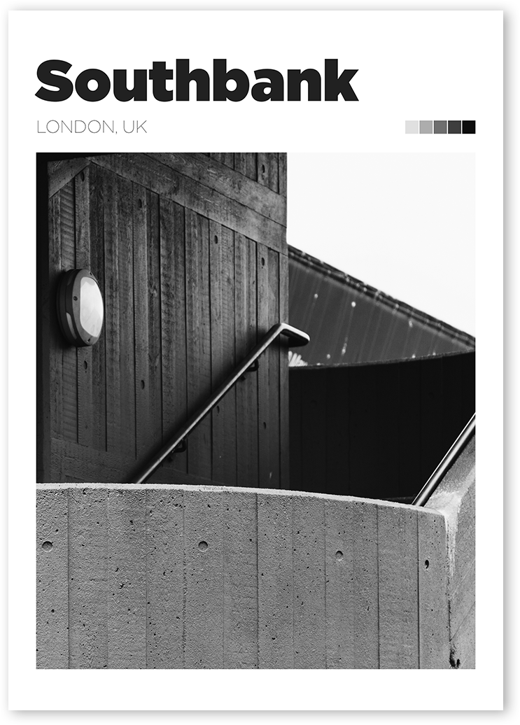 Travel print of concrete red staircase structure, Southbank, London, UK in B&W.