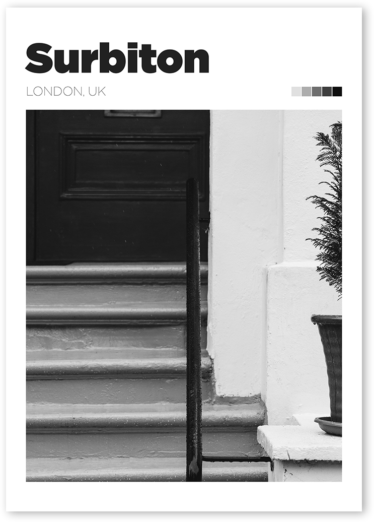 Unique souvenir print of blue staircase leading to green door in Surbiton, London in black and white.