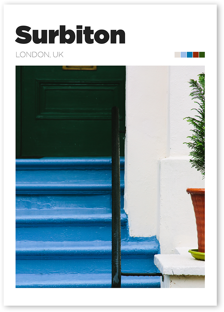 Unique souvenir print of blue staircase leading to green door in Surbiton, London