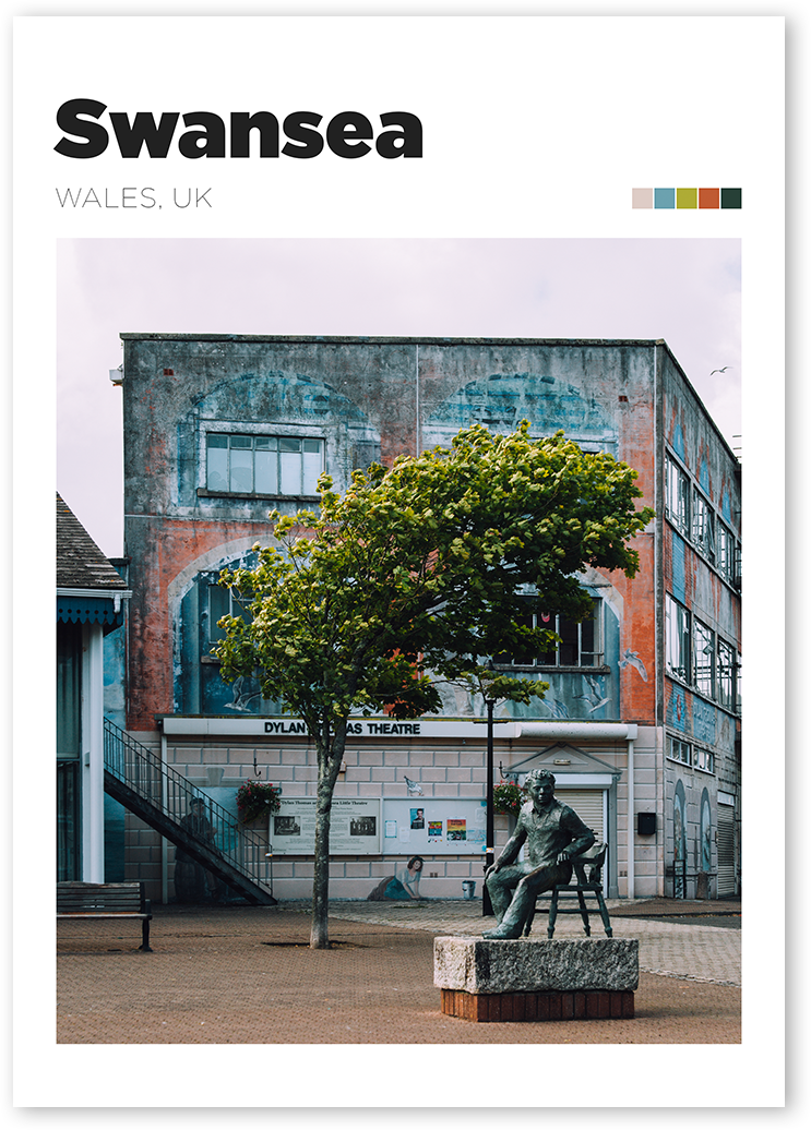 Travel print of statue of Dylan Thomas in front of Dylan Thomas Theatre, Swansea, Wales, UK