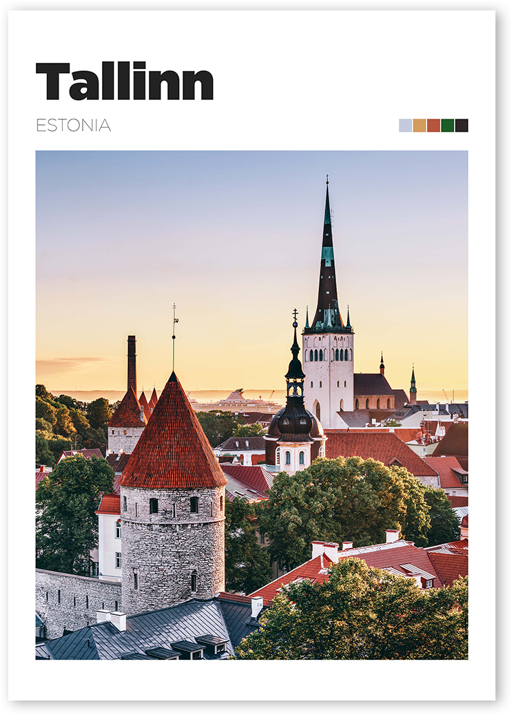 Travel poster design of sunset over Tallinn, Estonia cityscape