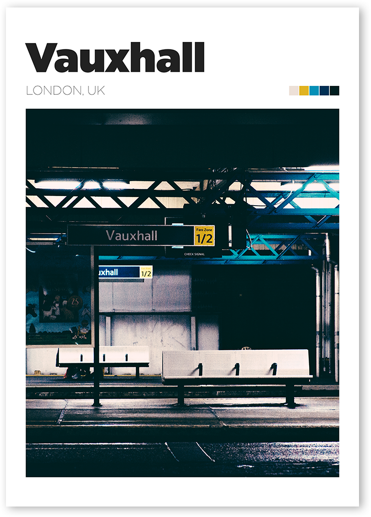 Ambient photography of Vauxhall Station within a travel-concept poster design.