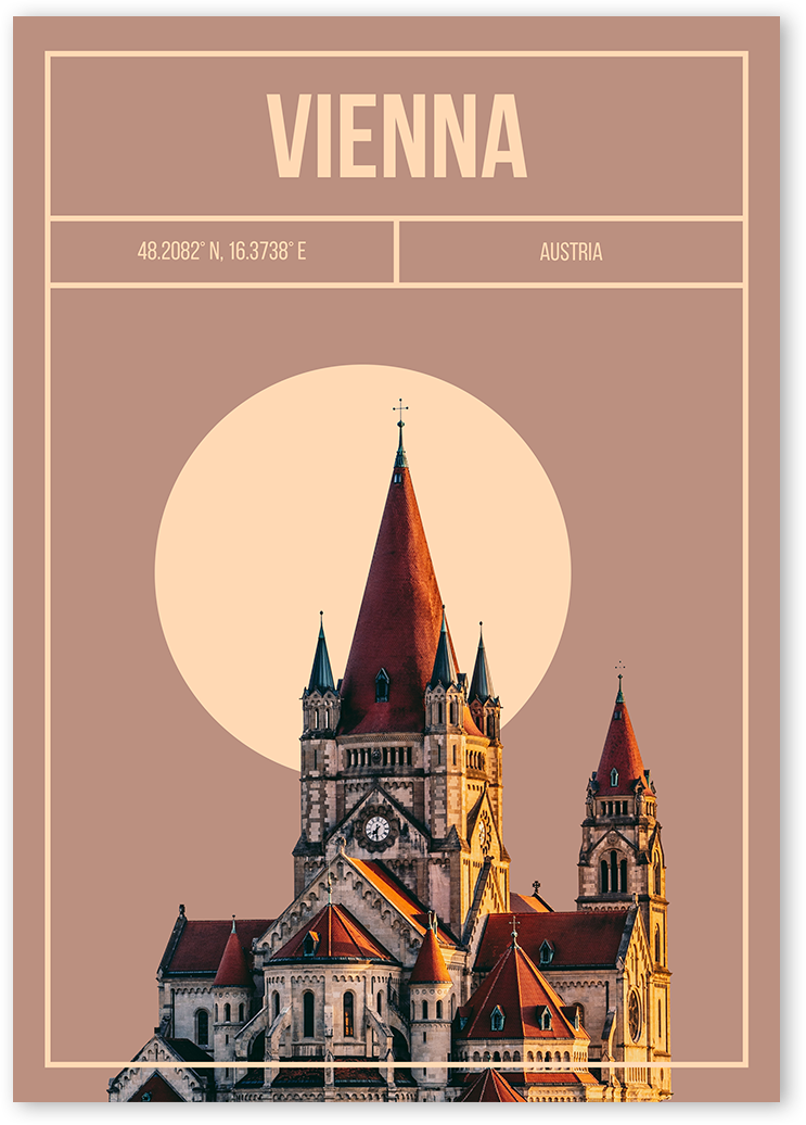 Unique contemporary poster of a castle in Vienna, Austria, with digitally created moon behind giving an atmospheric vibe.