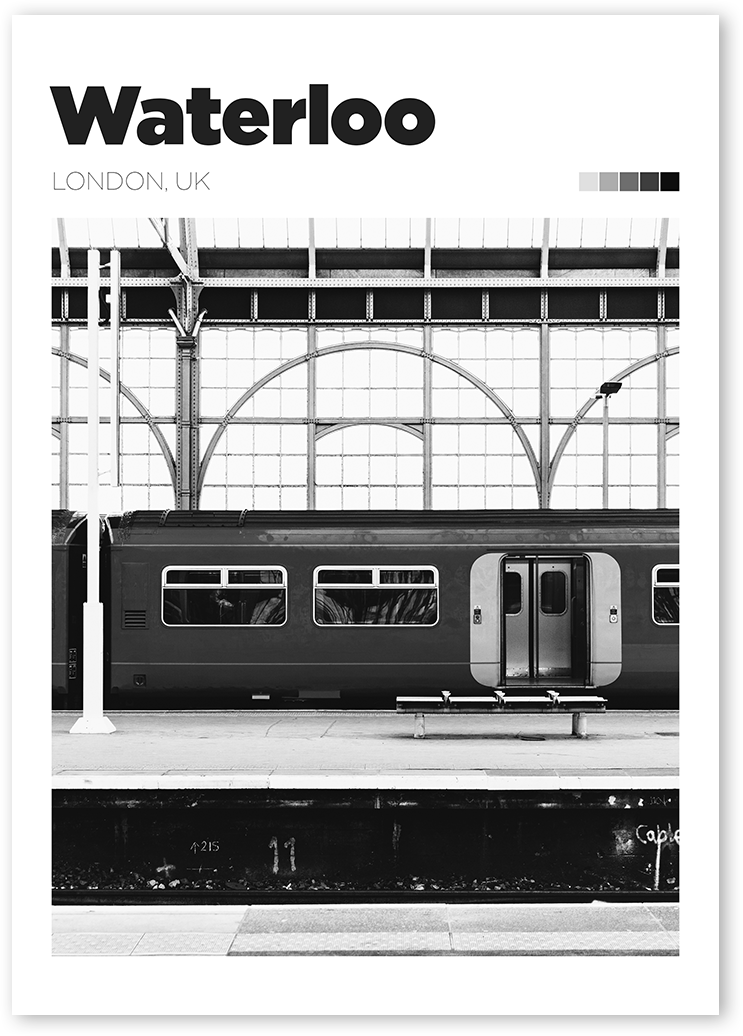 Black and white travel print of Waterloo Station with the iconic red, yellow and blue train in the frame.