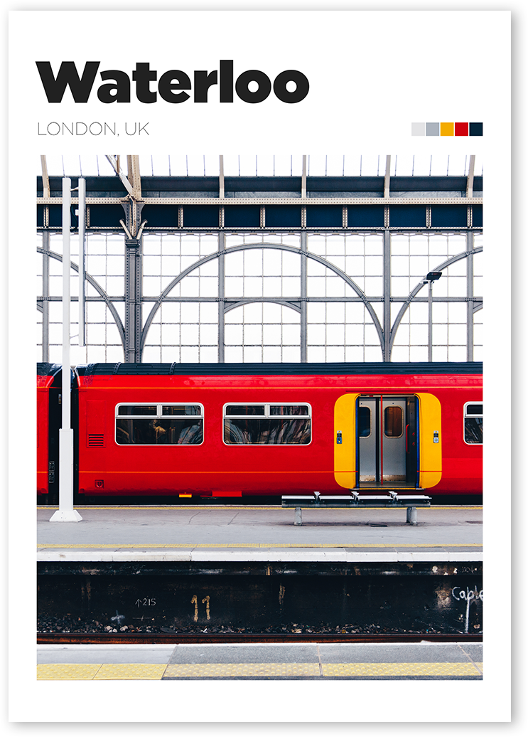Travel poster of Waterloo Station with the iconic red, yellow and blue train in the frame.
