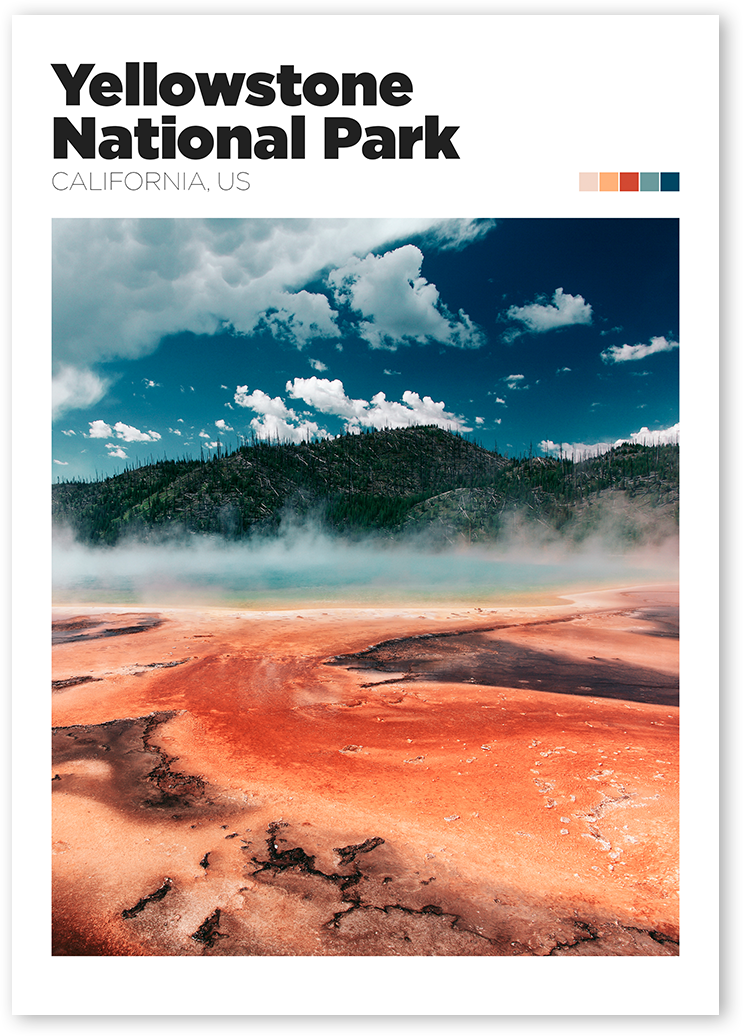 Travel print of Yellowstone National Park. The poster features a scenic view of the park, including the Old Faithful geyser.