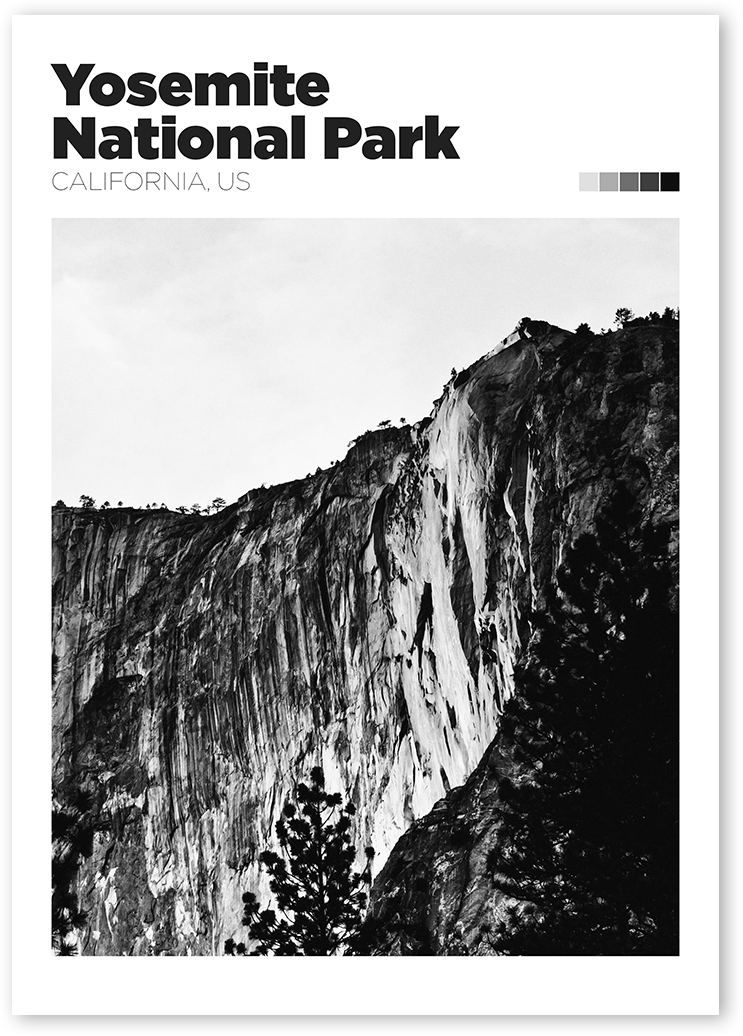 B&W travel poster of Yosemite National Park. Stunning image shows when the light at sunset hits Yosemite's Horsetail Fall.