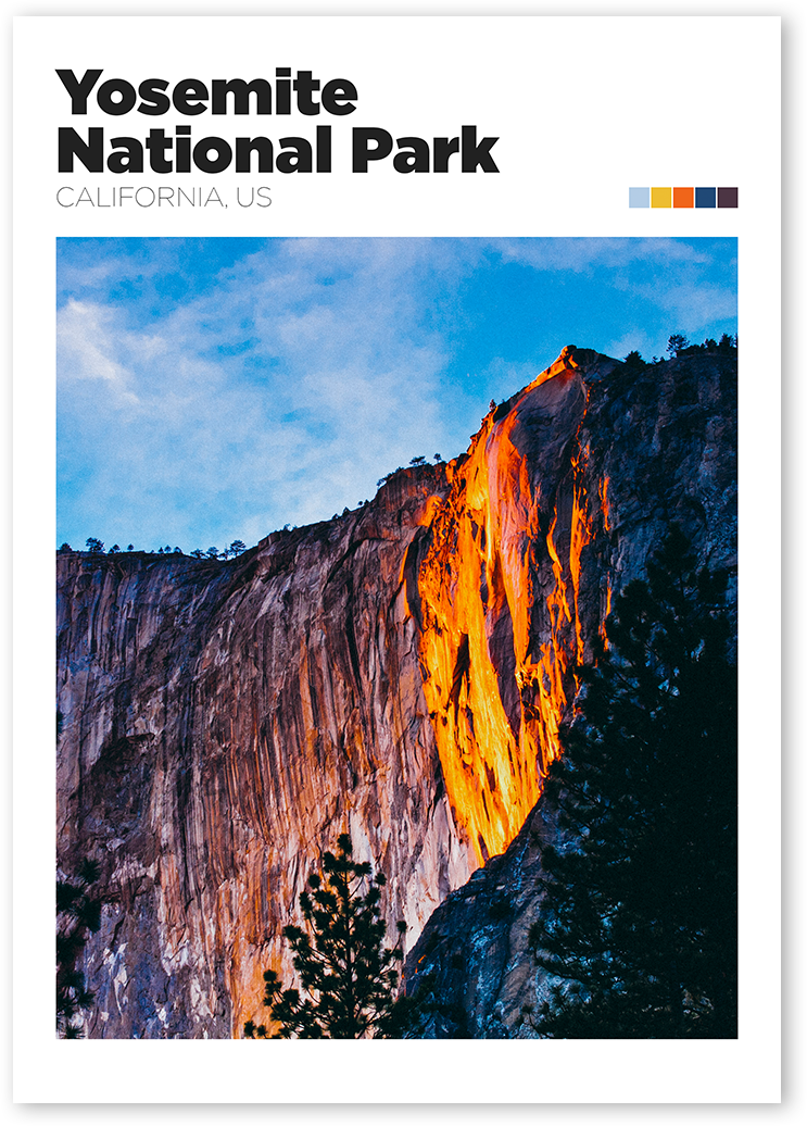 Travel print of Yosemite National Park. Stunning image shows when the light at sunset hits Yosemite's Horsetail Fall.